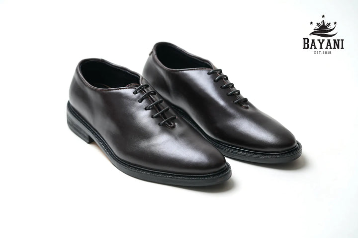 Pair of black leather shoes on a white background with Bayani logo.
