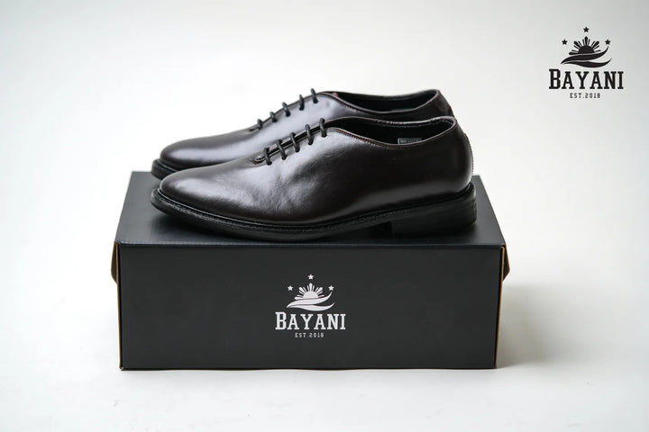 Black dress shoes on a Bayani branded box with the Bayani logo.

