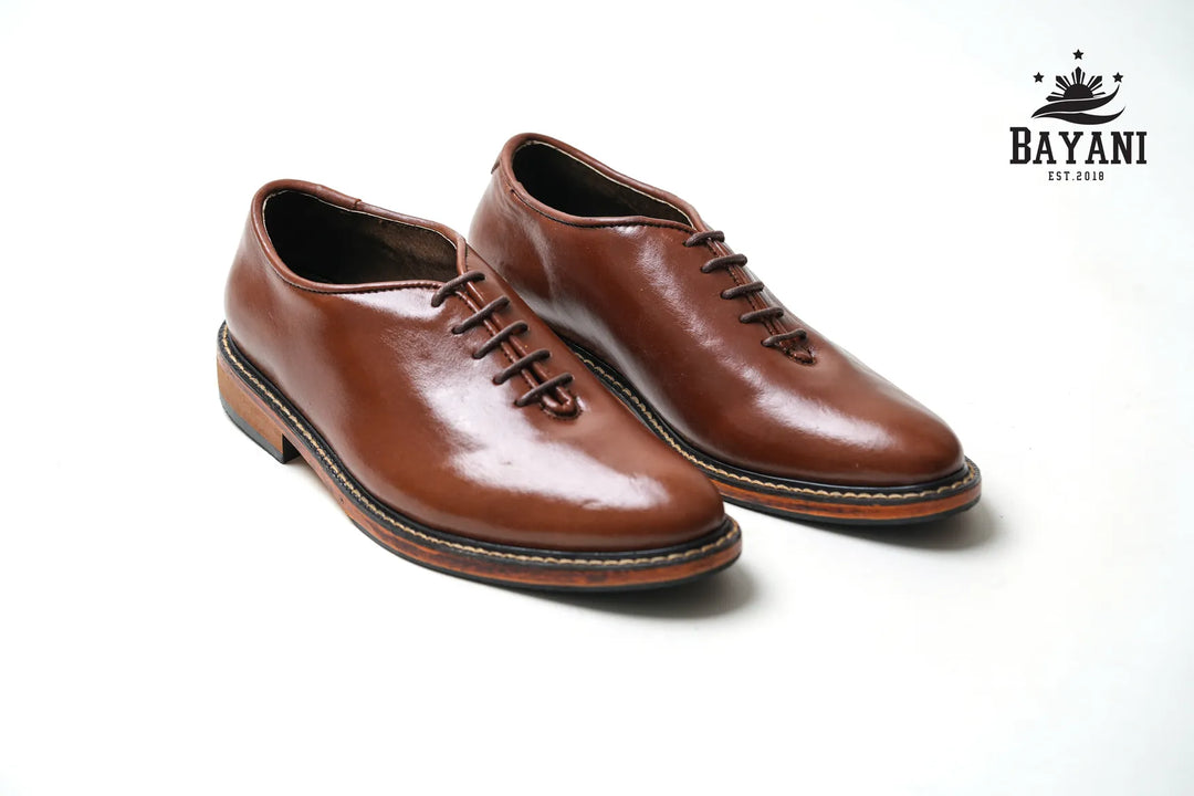 Pair of brown leather shoes on a white background with Bayani logo.
