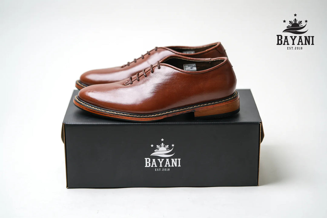 Black dress shoes on a Bayani branded box with the Bayani logo.
