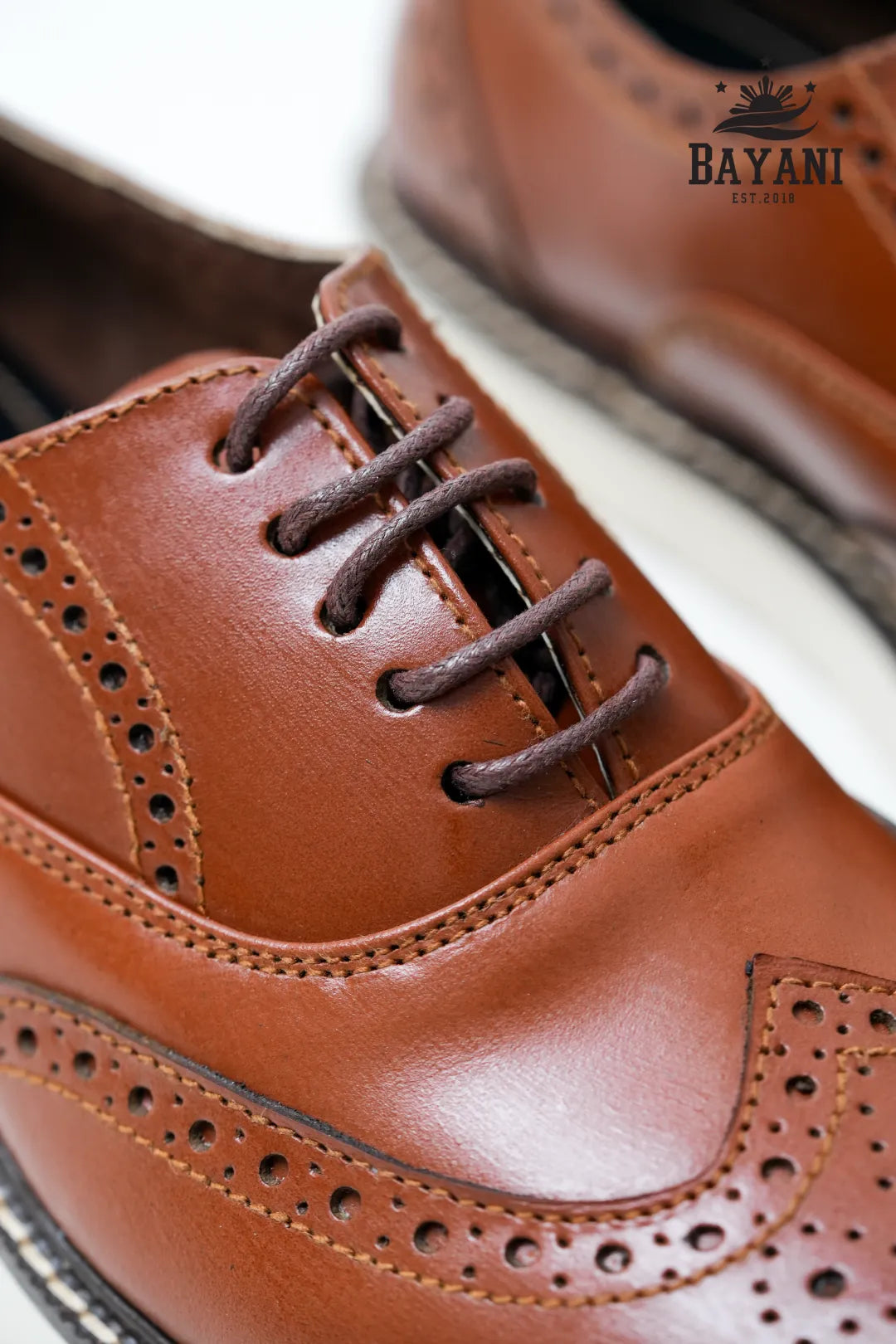Close-up of a brown leather shoe with &