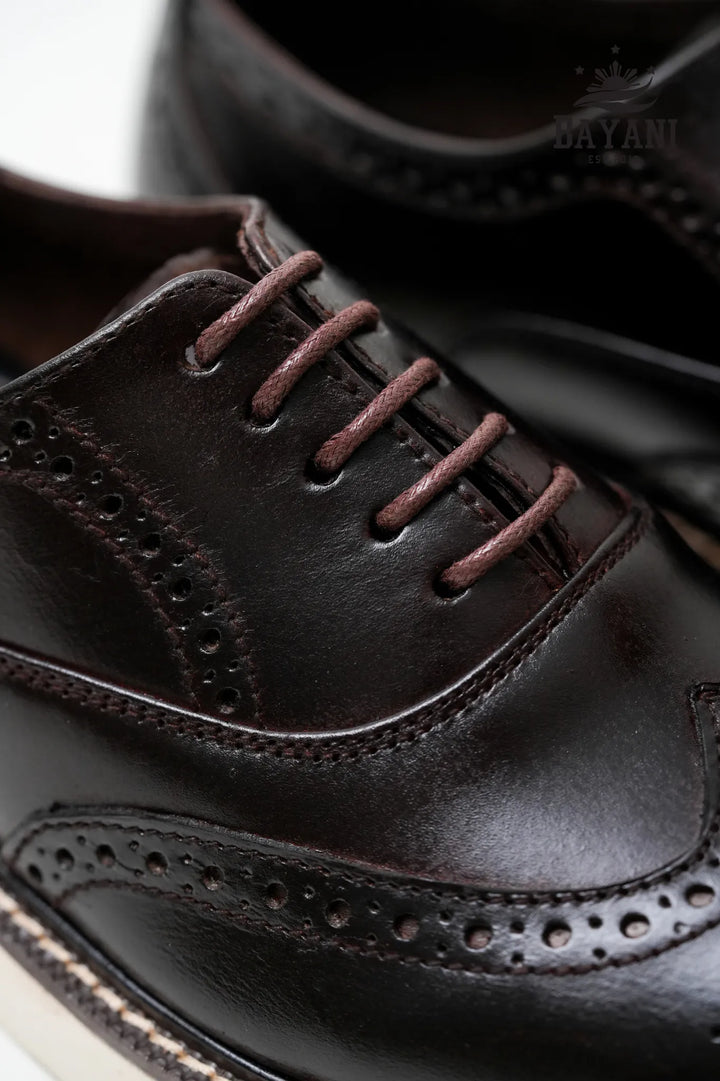 Close-up of dark brown leather shoes with visible stitching and brand name.
