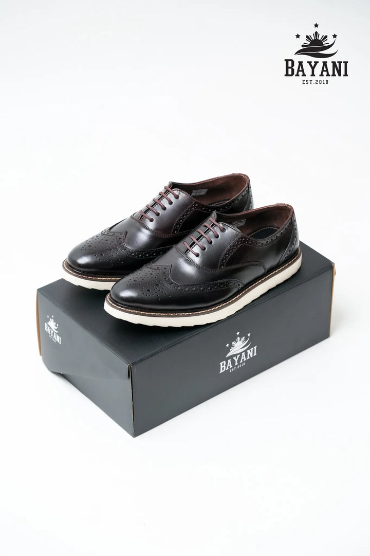 Pair of black leather shoes on a Bayani branded box with the Bayani logo above.
