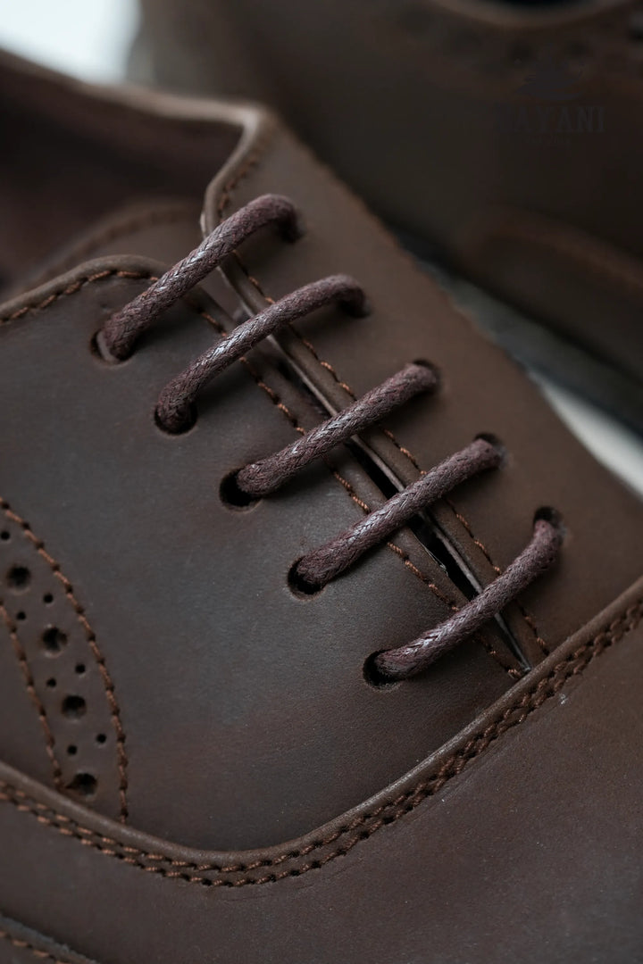 Close-up of a brown leather shoe with laces
