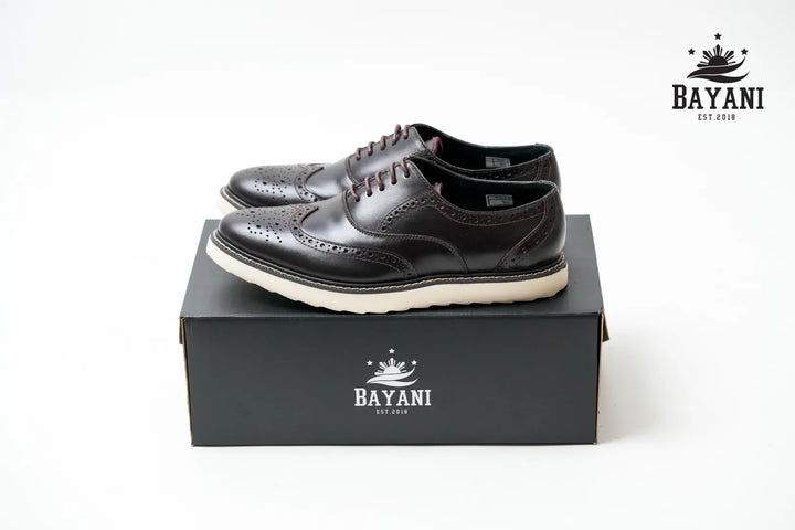 Black leather shoes on a black box with Bayani logo, on a white background
