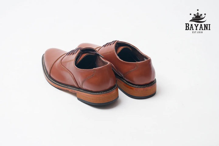 Pair of brown leather shoes on a white background with Bayani logo.
