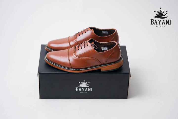 Brown leather shoes on a black box with Bayani logo, on a white background
