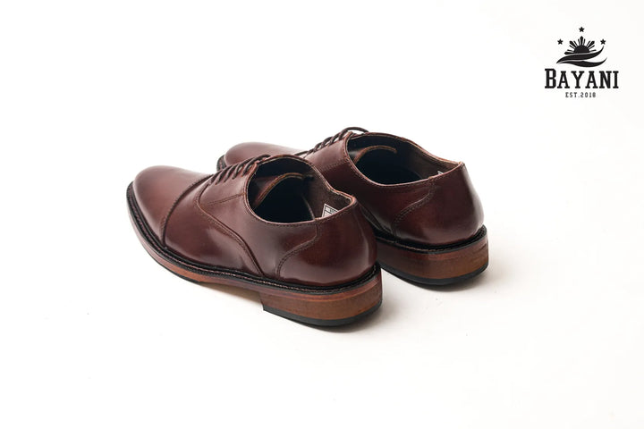 Pair of brown dress shoes on a white background with Bayani logo.
