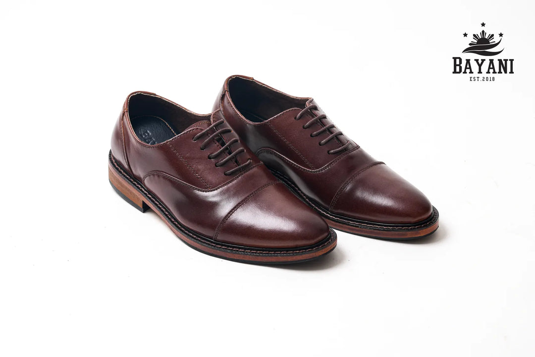 Pair of brown leather shoes on a white background with Bayani logo.
