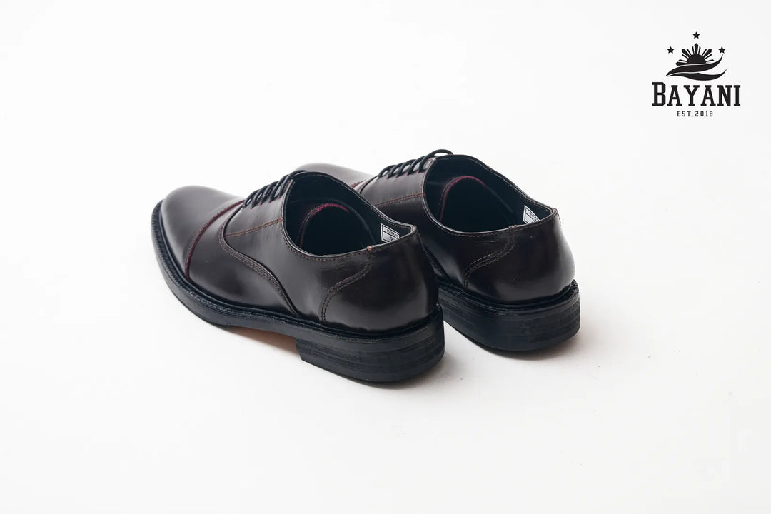 Pair of black dress shoes on a white background with Bayani logo.
