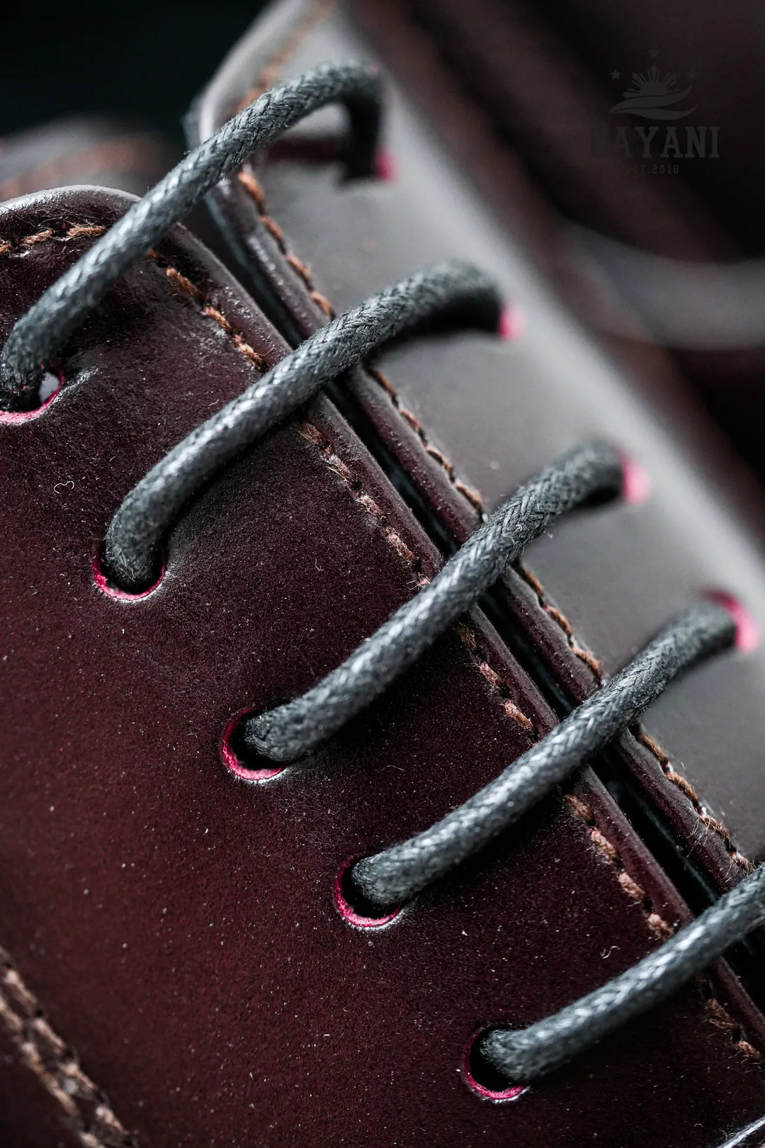 Close-up of a brown leather shoe with black laces on a dark background
