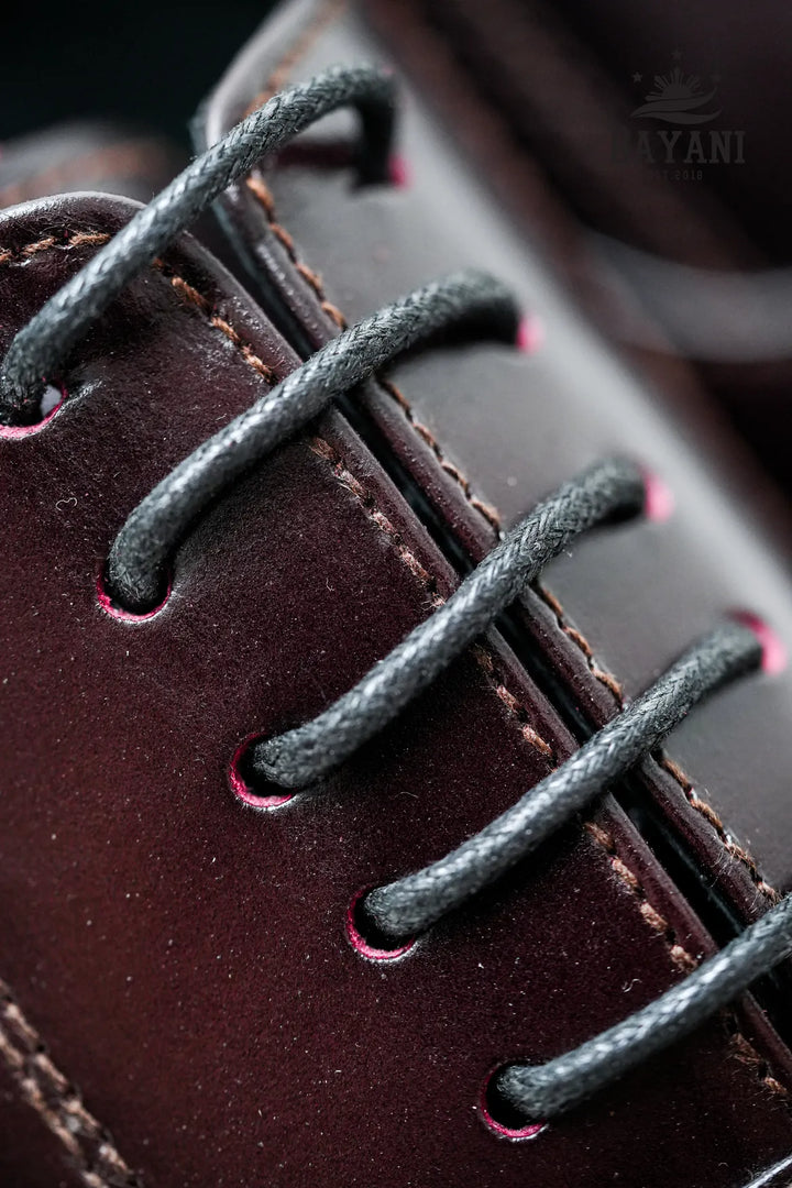 Close-up of a brown leather shoe with black laces on a dark background
