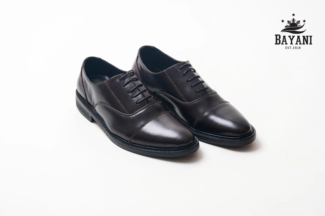 Pair of black dress shoes on a white background with Bayani logo.
