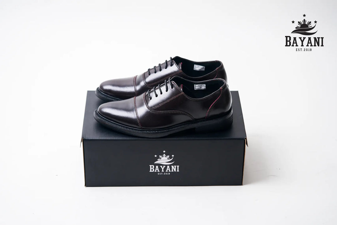 Black dress shoes on a black box with Bayani logo on a white background

