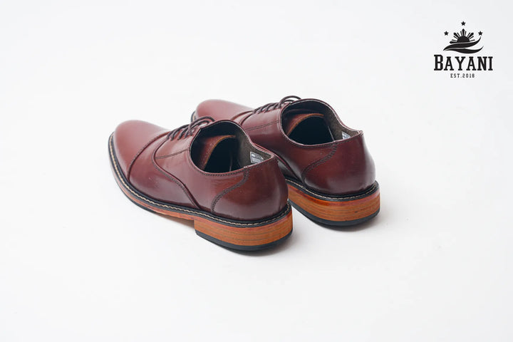 Brown leather shoes on a white background with Bayani logo.
