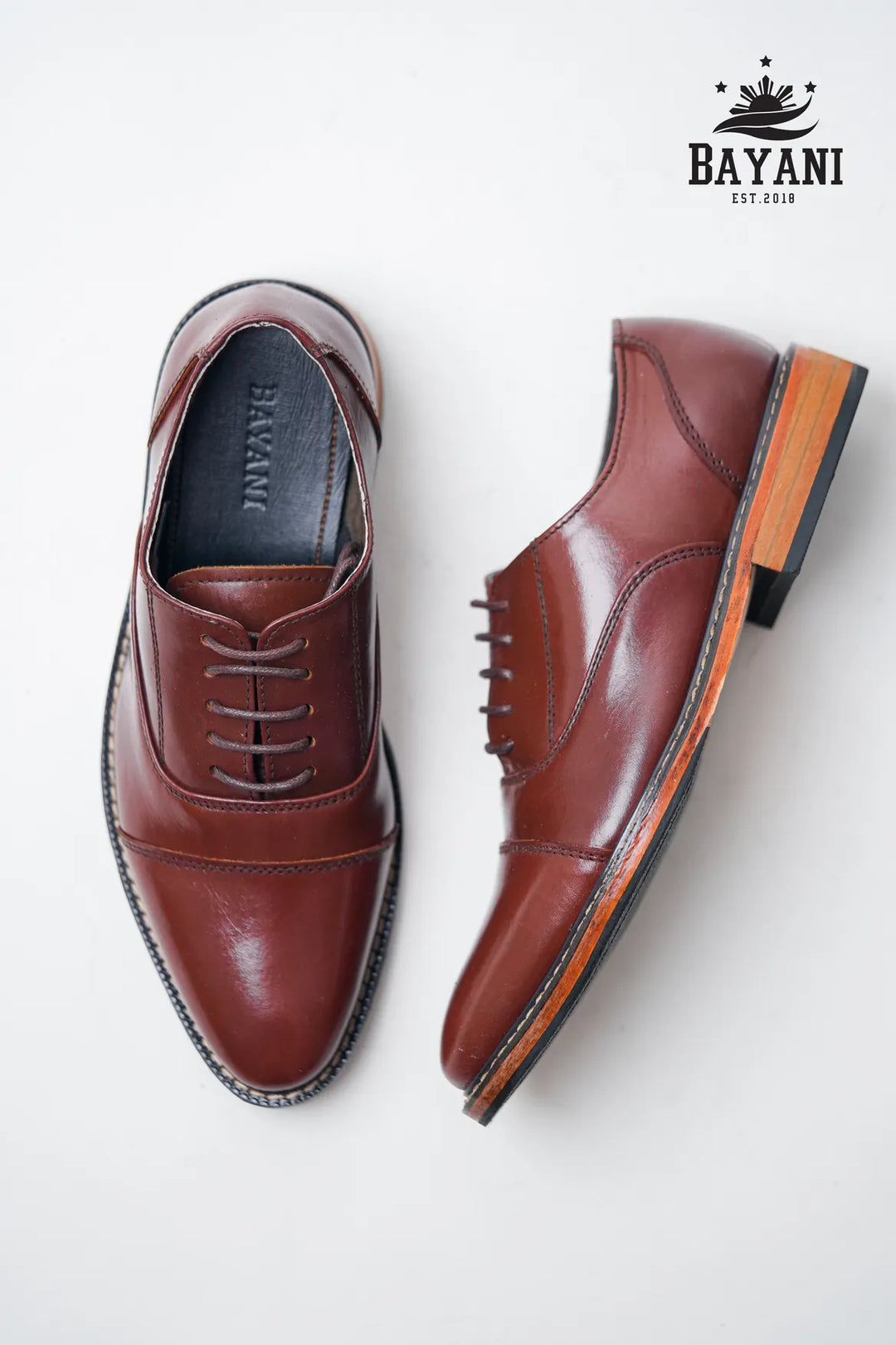 Brown leather shoes with a visible brand logo on a white background
