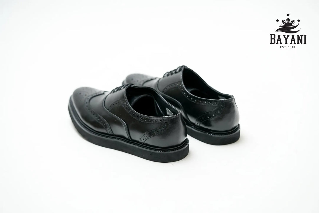 Pair of black dress shoes on a white background with Bayani logo.
