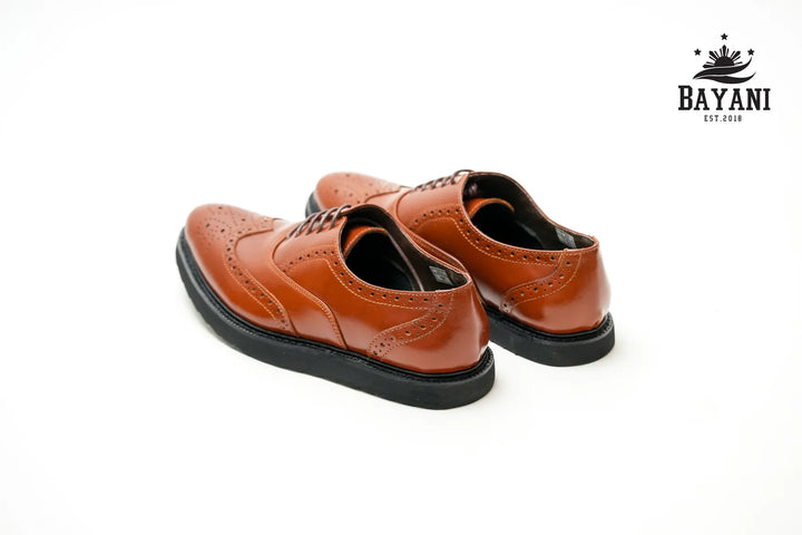 Pair of brown leather shoes on a white background with Bayani logo.
