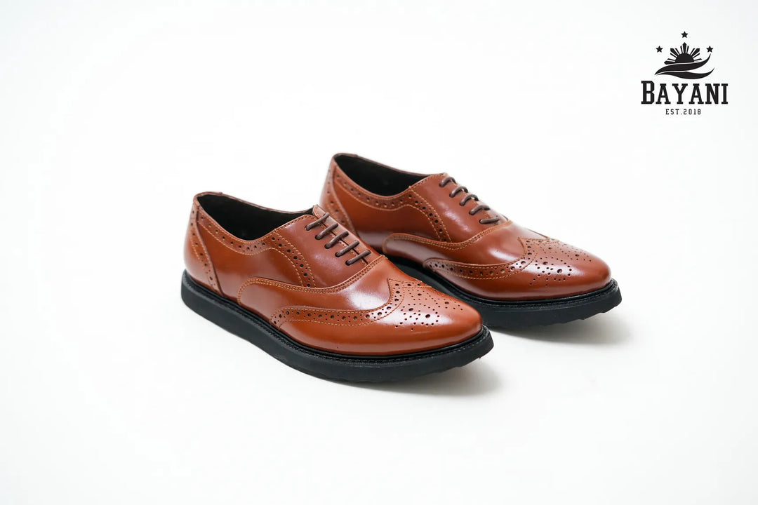 Pair of brown leather shoes on a white background with Bayani logo.
