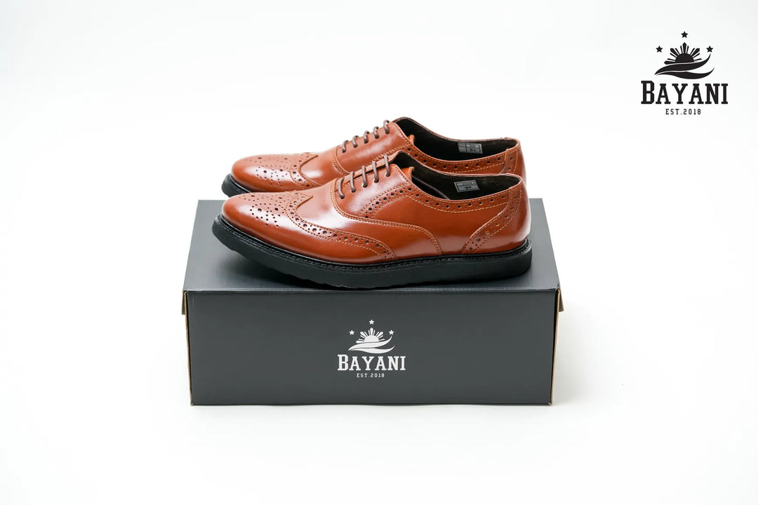 Brown leather shoes on a black box with Bayani logo, on a white background
