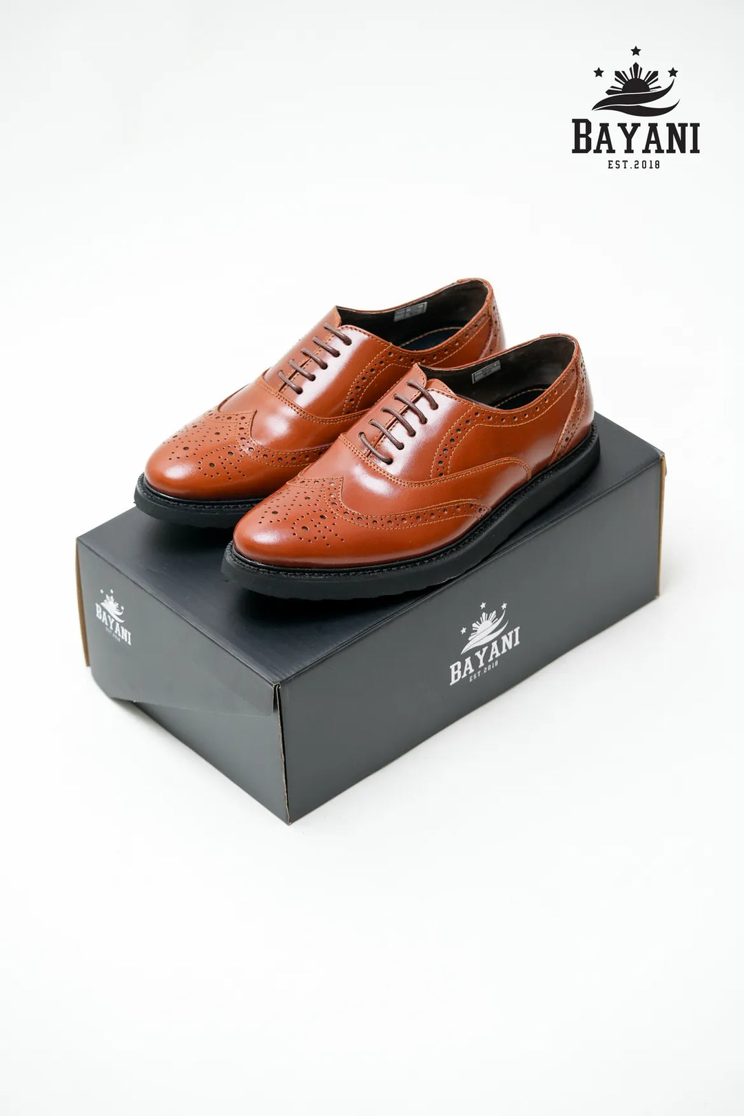 Brown leather shoes on a black Bayani box with the brand logo.
