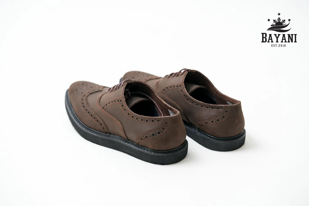 Pair of brown shoes on a white background with Bayani logo.
