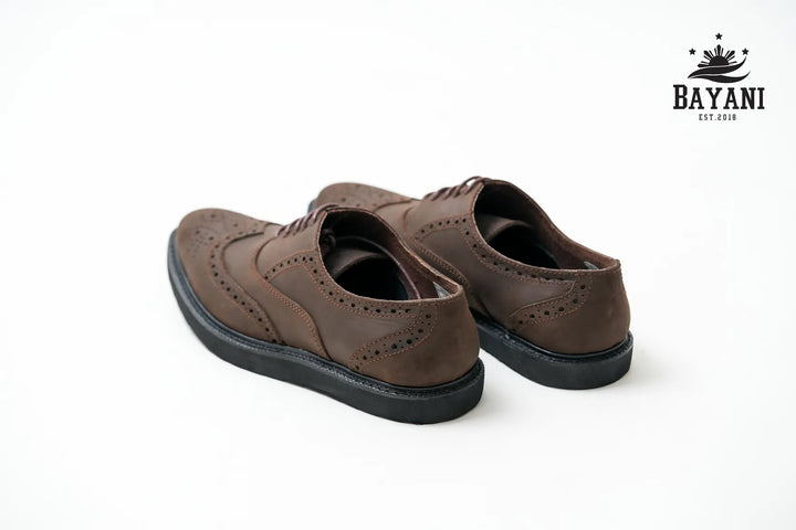 Pair of brown shoes on a white background with Bayani logo.

