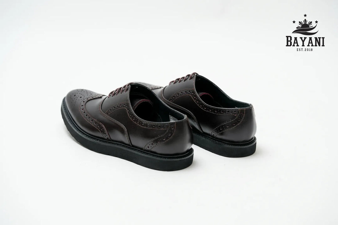 Pair of black leather shoes on a white background with Bayani logo.

