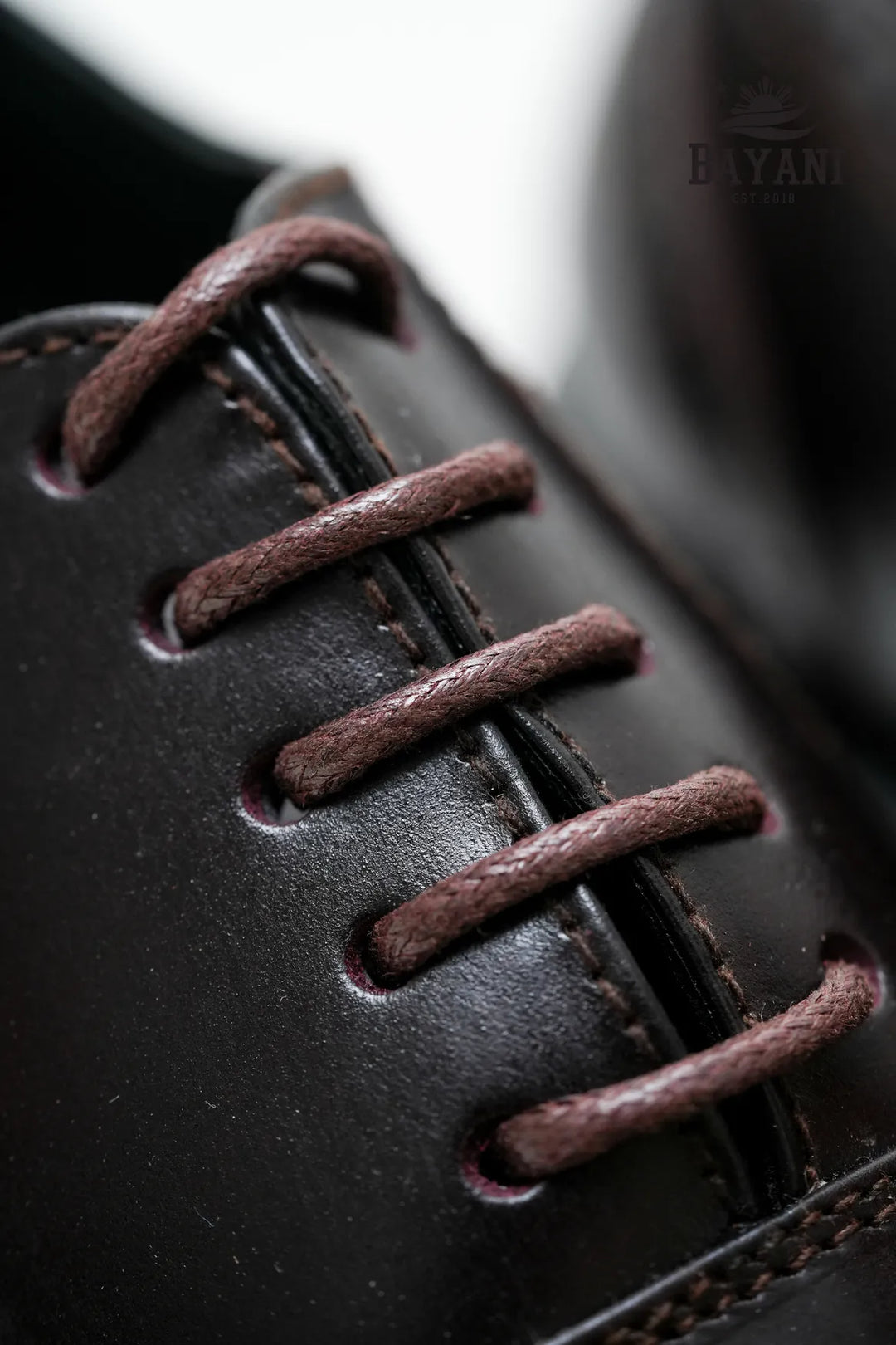 Close-up of brown leather shoe laces on a black leather shoe with &