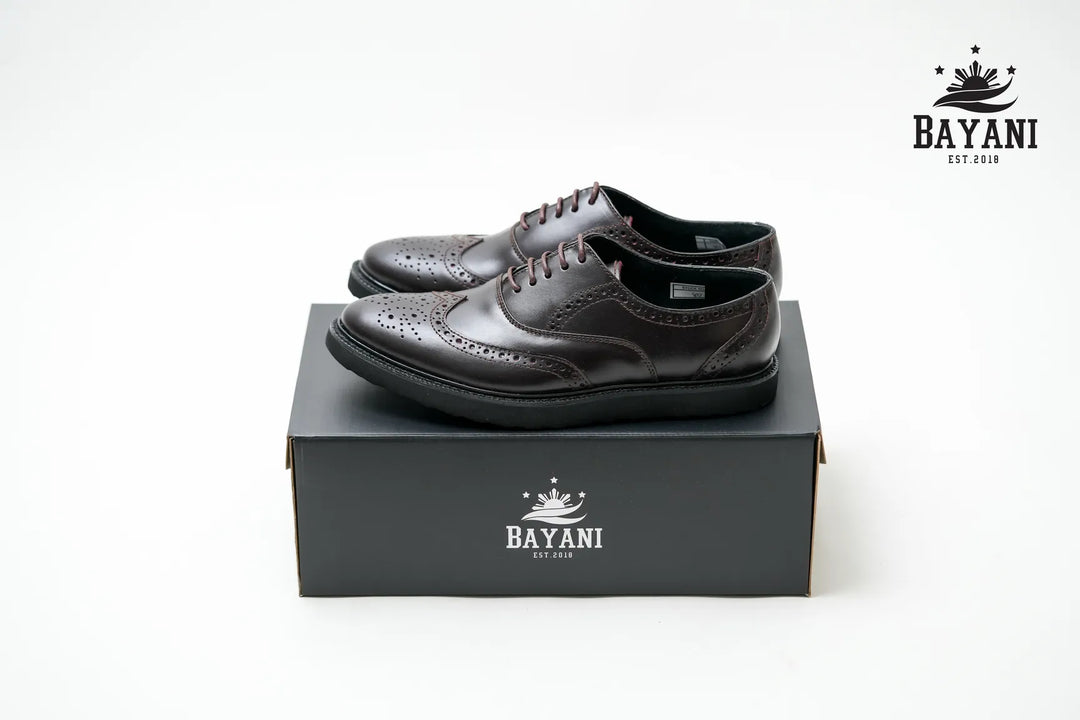 Black leather shoes on a black box with Bayani logo on a white background

