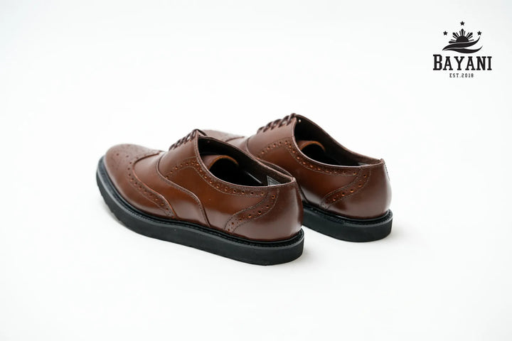 Pair of brown leather shoes on a white background with Bayani logo.
